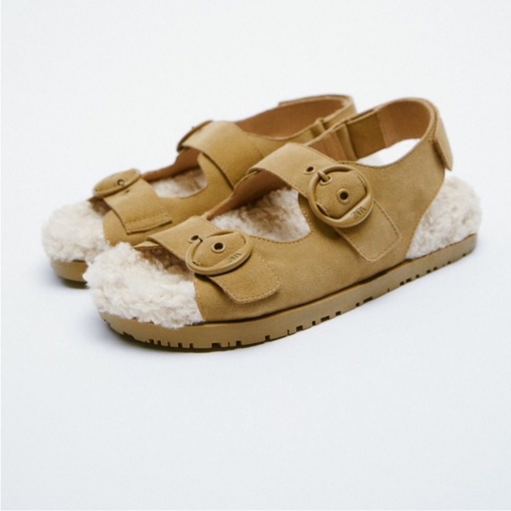 ZARA flat real leather‎ faux straps sandals fur warm and cozy sleepers size 6/7 - Picture 2 of 6